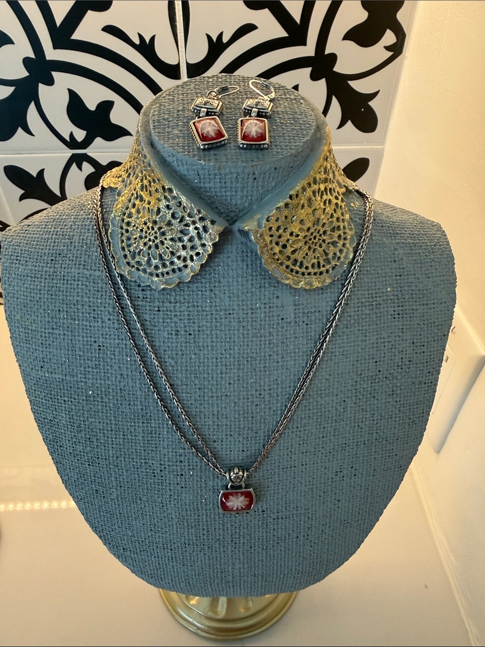 EUC Vintage Brighton Red Enamel Water Lily Flower Necklace and Matching Earrings